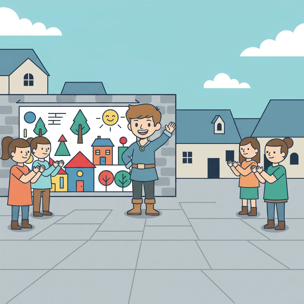 Milo stands beside his beautiful creation, a wide, joyful smile on his face. The village square, now vibrant with his art, feels more alive. The villagers, their arms depicted as simple lines, clap gently, acknowledging the boy who brought color and creativity to their home. Milo has found his place.