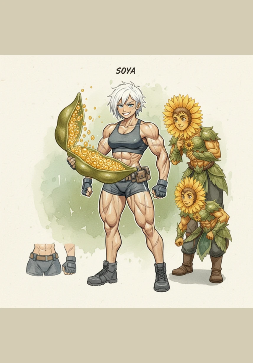 Soya abre su pequeña vaina con orgullo para revelar su tesoro interior, donde cientos de diminutas gotas de aceite resplandecen como perlas líquidas. Ella explica que casi la mitad de su cuerpo está compuesto por este aceite especial, una reserva de energía preparada para nutrir al mundo.