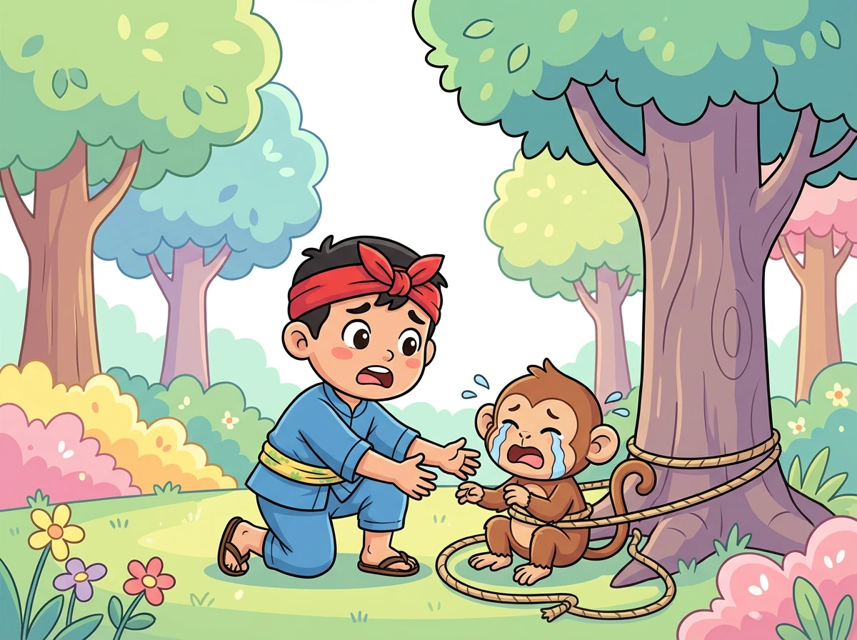 Dina hiji poe, Ujang keur ulin di leuweung, manehna manggihan monyet leutik keur ceurik. Monyet eta katangkep ku tali.