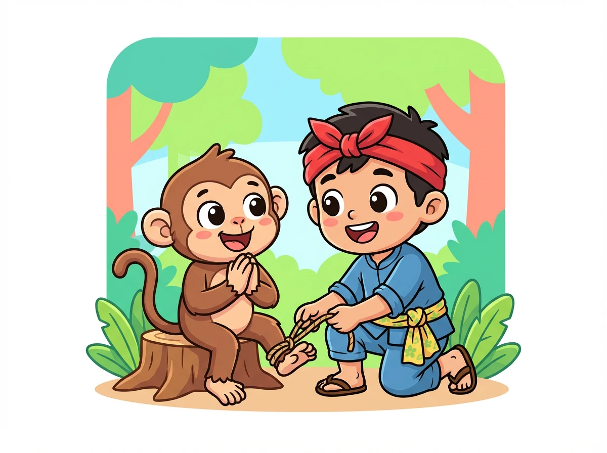 Ujang langsung nulungan monyet eta. Manehna ngaleupaskeun talina kalawan ati-ati. Monyet eta bungah pisan jeung ngahaturkeun nuhun ka Ujang.