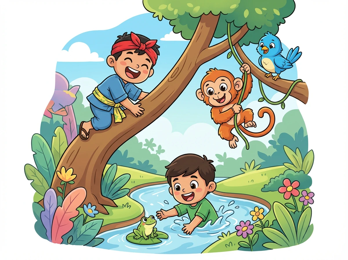 Unggal poe, Ujang jeung Soleh ulin babarengan di leuweung. Maranehna ngajalajah tatangkalan, susukan, jeung rupa-rupa sasatoan.