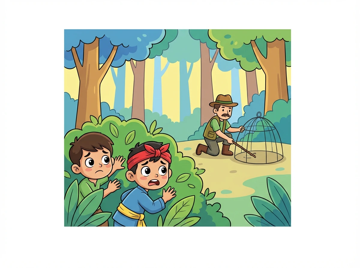 Ujang jeung Soleh ningali pemburu eta keur masangkeun jebakan. Maranehna sieun pisan sasatoan di leuweung bakal cilaka.