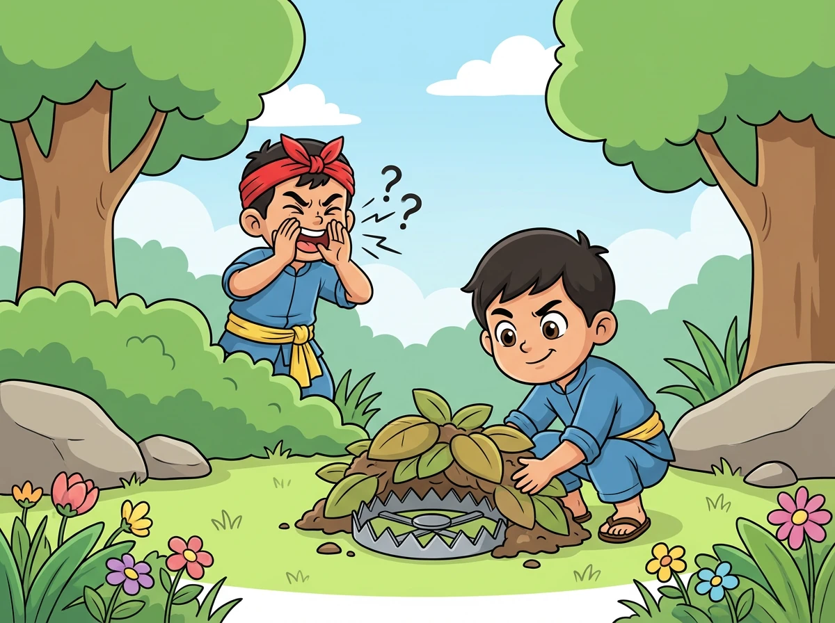 Ujang ngaganggu pemburu eta ku sora-soraan. Soleh nulungan ku cara nyumputkeun jebakan-jebakan nu dipasang ku pemburu.