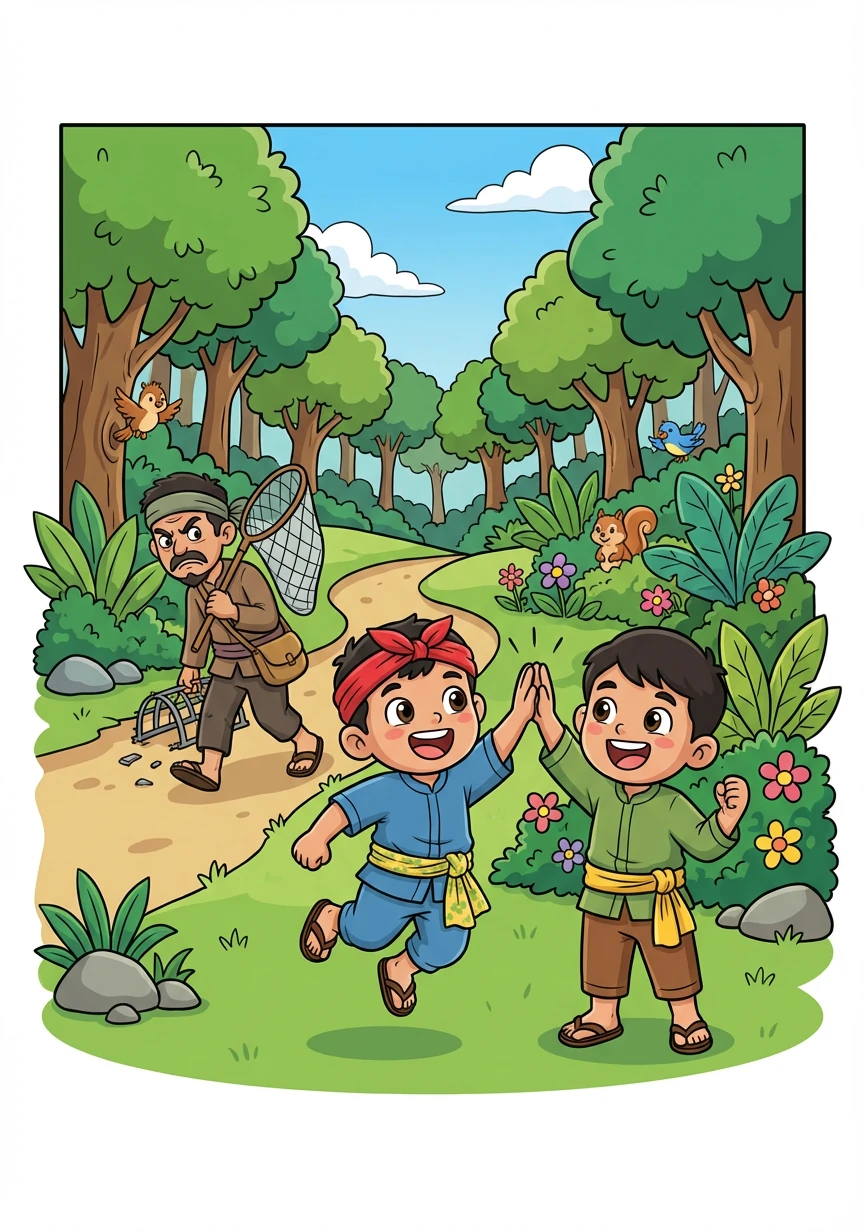 Ahirna, pemburu eta ambek jeung nyerah. Manehna balik deui ka imahna tanpa hasil nanaon. Ujang jeung Soleh bungah pisan geus bisa nyalametkeun sasatoan di leuweung.