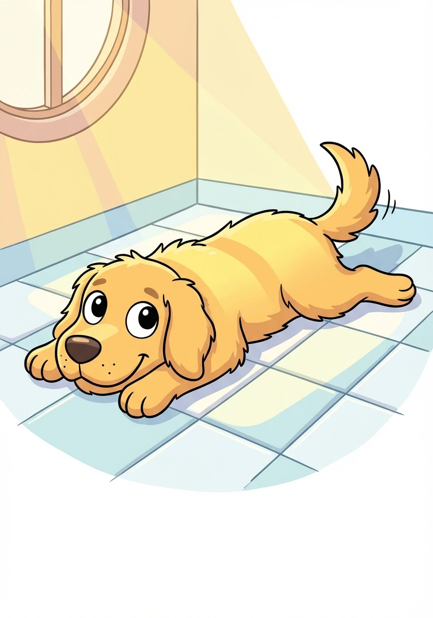 Barnaby, a golden retriever with a fluffy tail, lay sprawled on the cool, tiled floor of the kitchen. The morning sun streamed through the window, painting warm stripes across his fur.