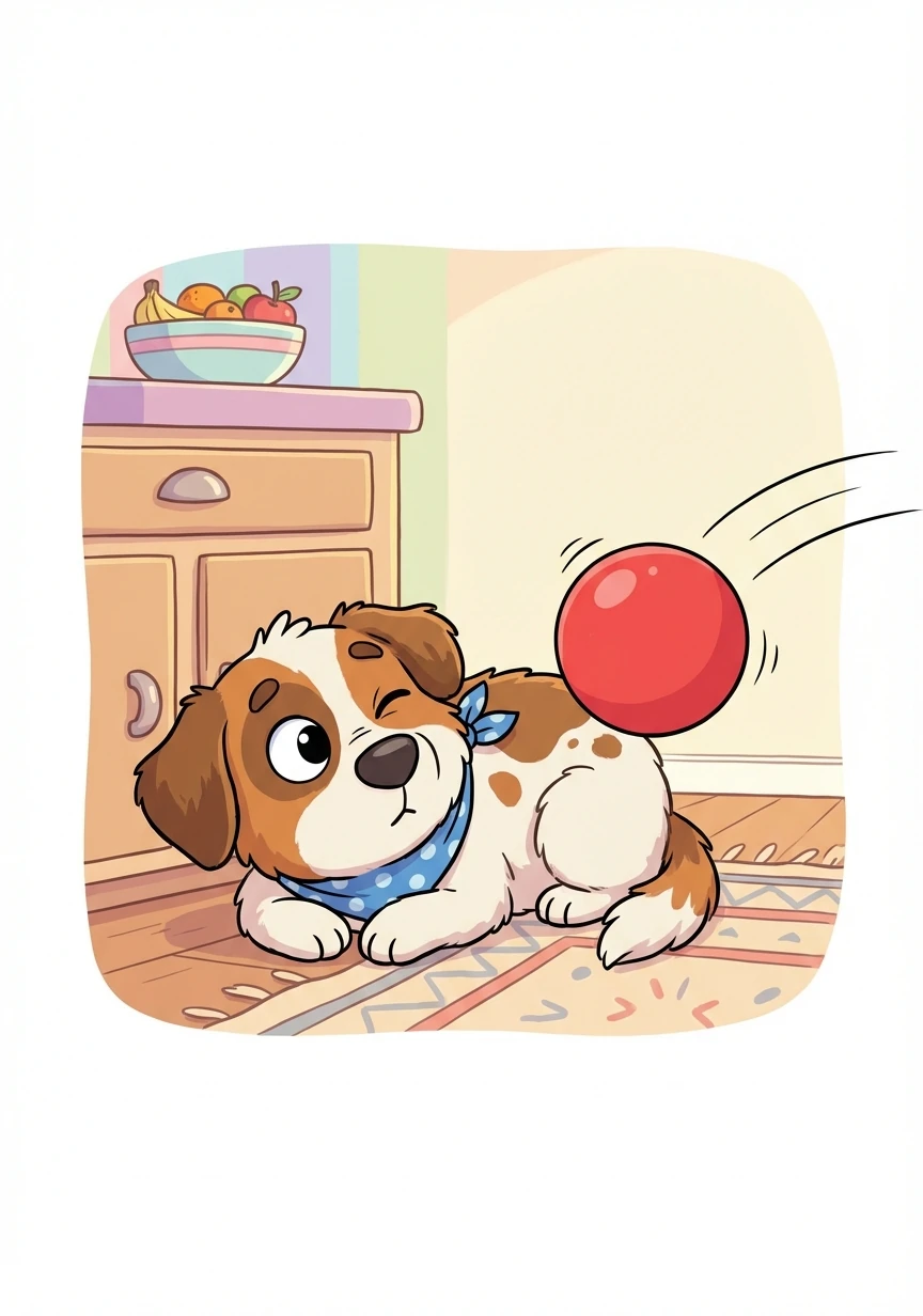 Suddenly, a bright red ball bounced into the kitchen. It was Lily, Barnaby's human, ready for a game of fetch. Barnaby opened one eye, then promptly closed it again.