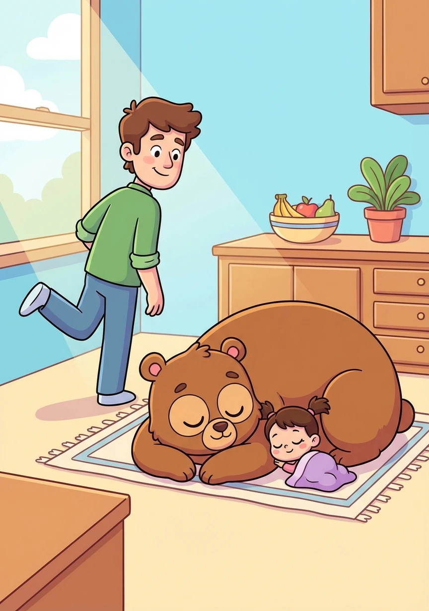 Later, Lily's dad came into the kitchen. He smiled at the sight of the two friends snoozing on the floor and quietly tiptoed away.