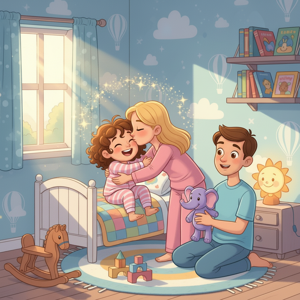 Her mommy gave her a big, warm hug and a kiss on the forehead. As the kiss landed, a tiny sparkle shimmered around Taliya's head. She giggled, not knowing what amazing things were about to happen!