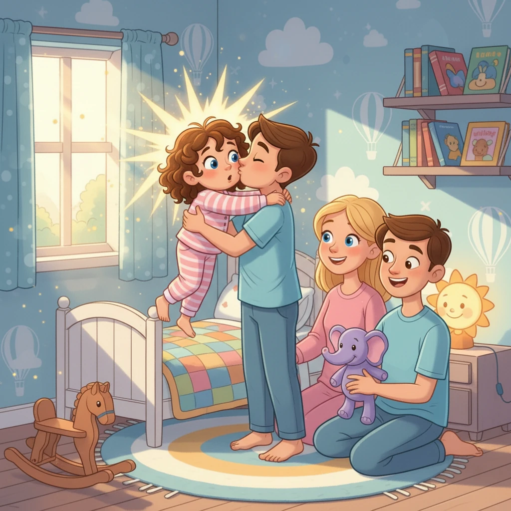 Next, her daddy came in, scooped her up, and gave her a kiss on the cheek. Another sparkle appeared, brighter this time! Taliya's eyes widened, filled with wonder and delight. She felt different.