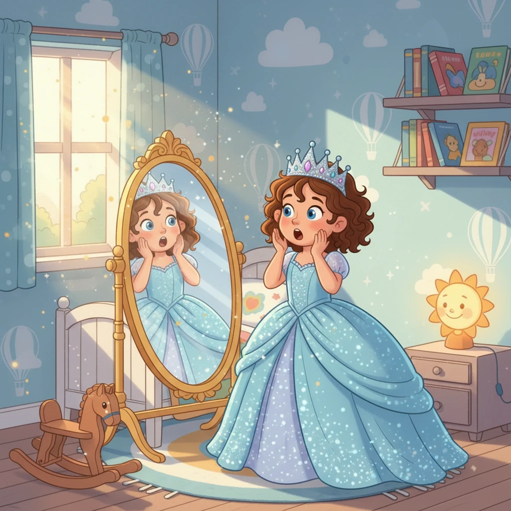 Suddenly, Taliya looked in the mirror and gasped! She wasn't just Taliya anymore. She was wearing a beautiful, sparkly crown! Her simple pajamas transformed into a lovely princess gown.