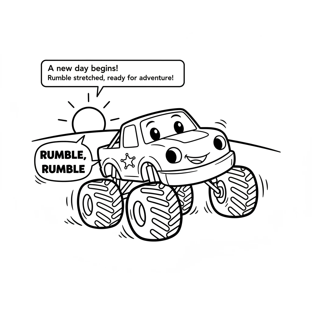 Rumble, a big, friendly monster truck, woke up with a rumble in his engine. The sun was peeking over the hills, painting the sky with soft colors. He