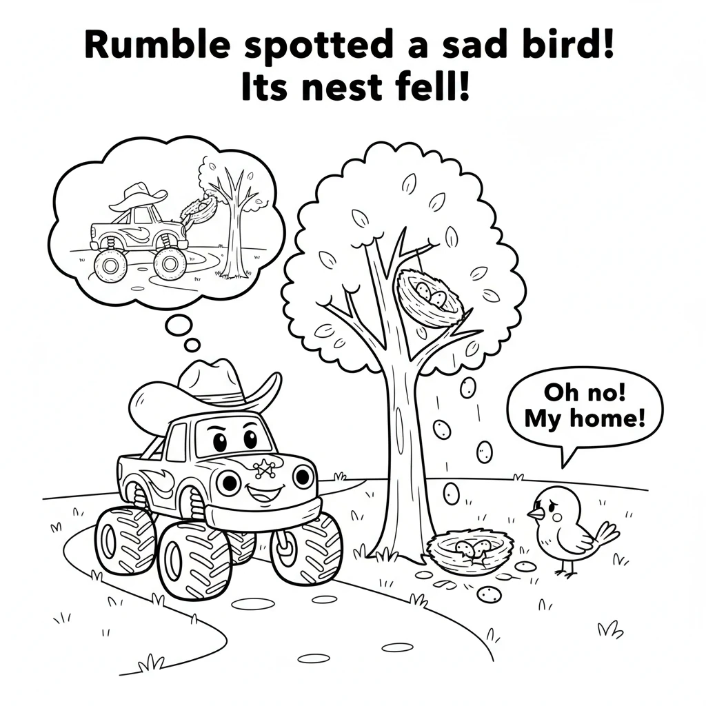 As Rumble rolled along a winding path, he spotted a tiny bird looking very sad. Its little nest had fallen from a tall, leafy tree, scattering twigs a