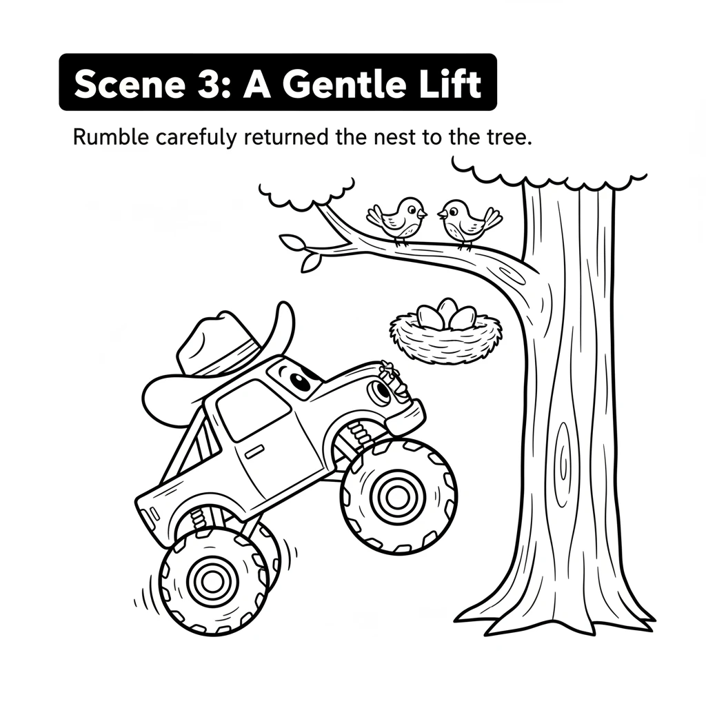 Rumble carefully drove right up to the tree, positioning his strong body. He gently lowered his big front tire, creating a soft platform for the falle