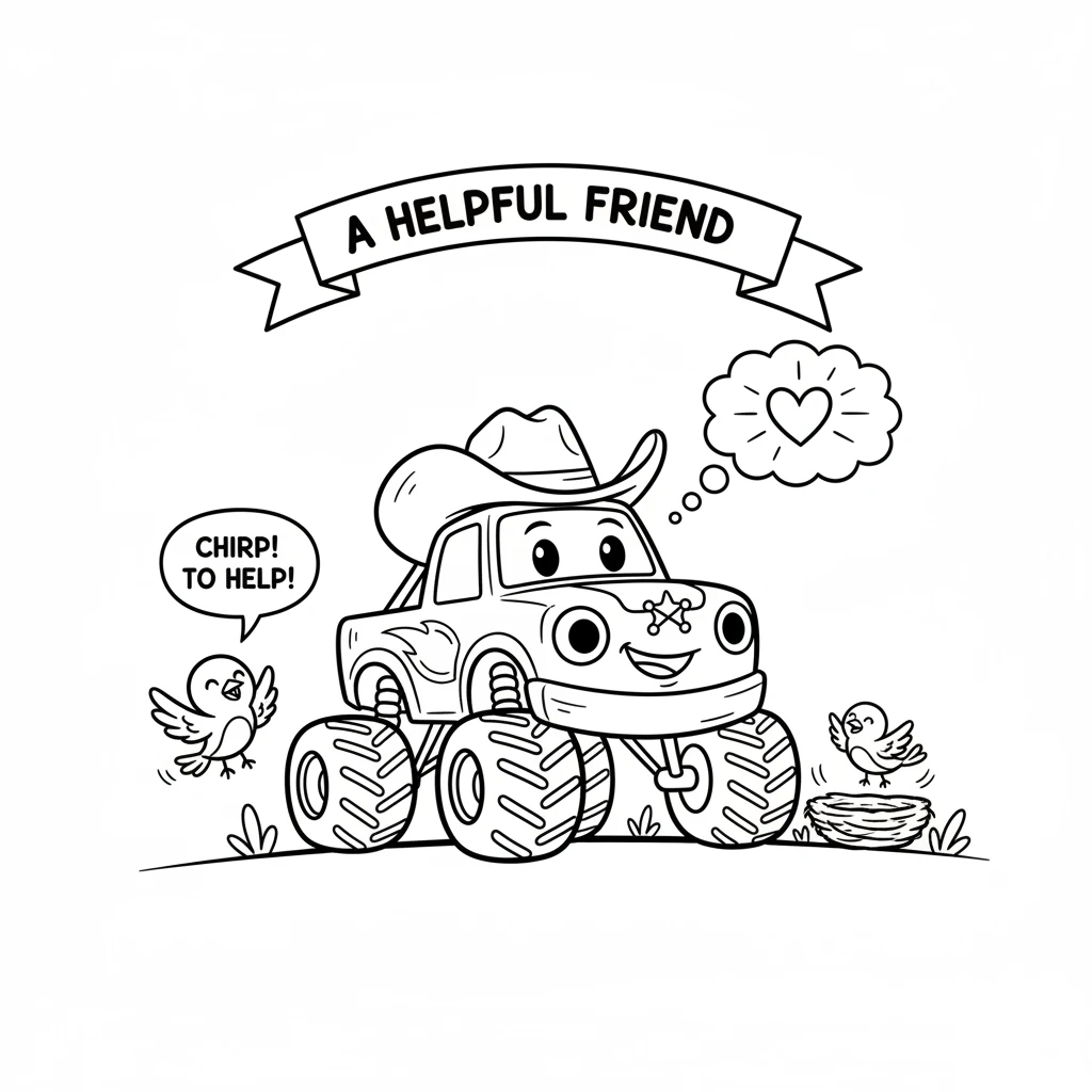 The tiny bird chirped with joy, fluttering around Rumble's big wheels. It carefully hopped back into its cozy nest, safe and sound once more. Rumble f