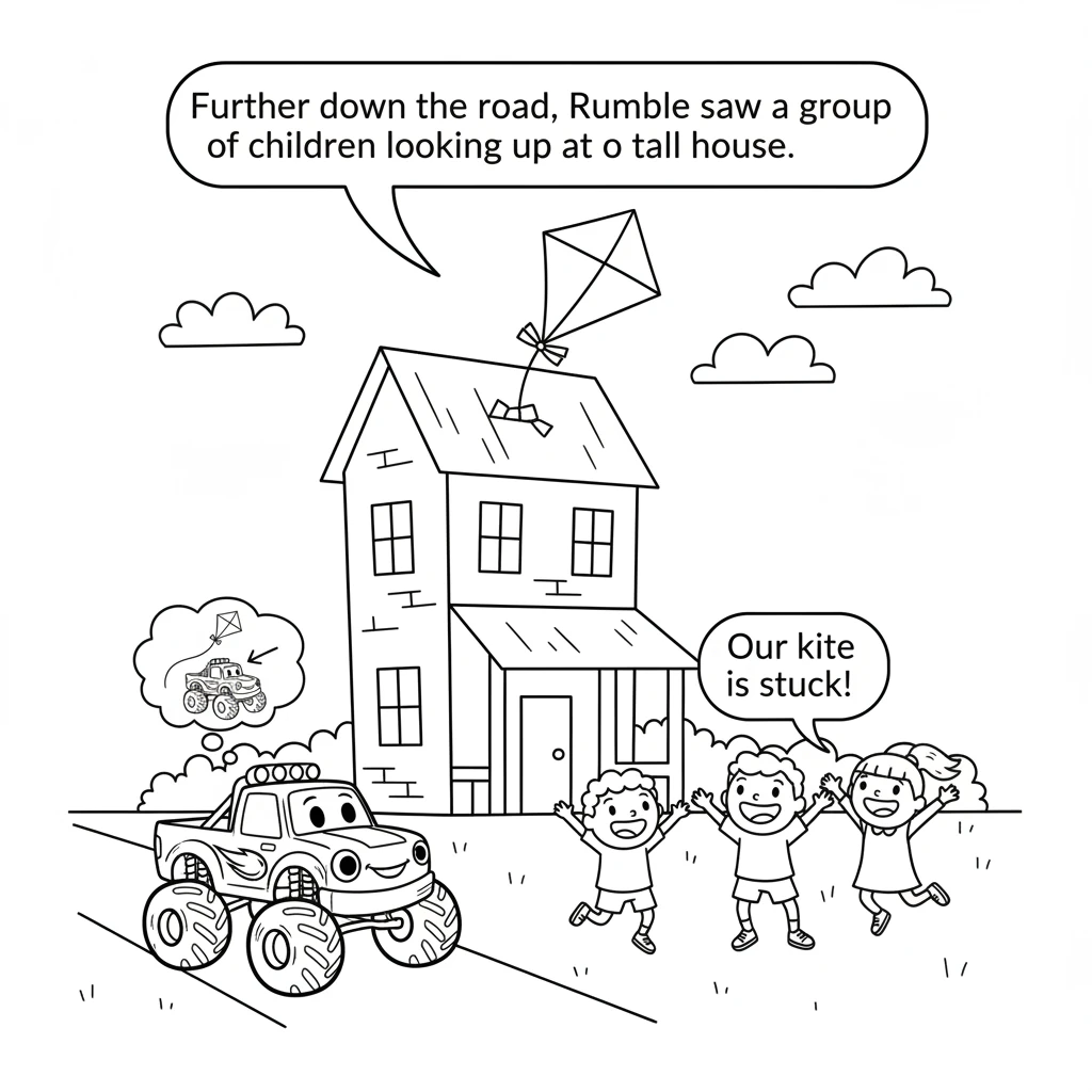 Further down the road, Rumble saw a group of children looking up at a tall house. Their colorful kite had gotten stuck on the very tip of the roof, ju