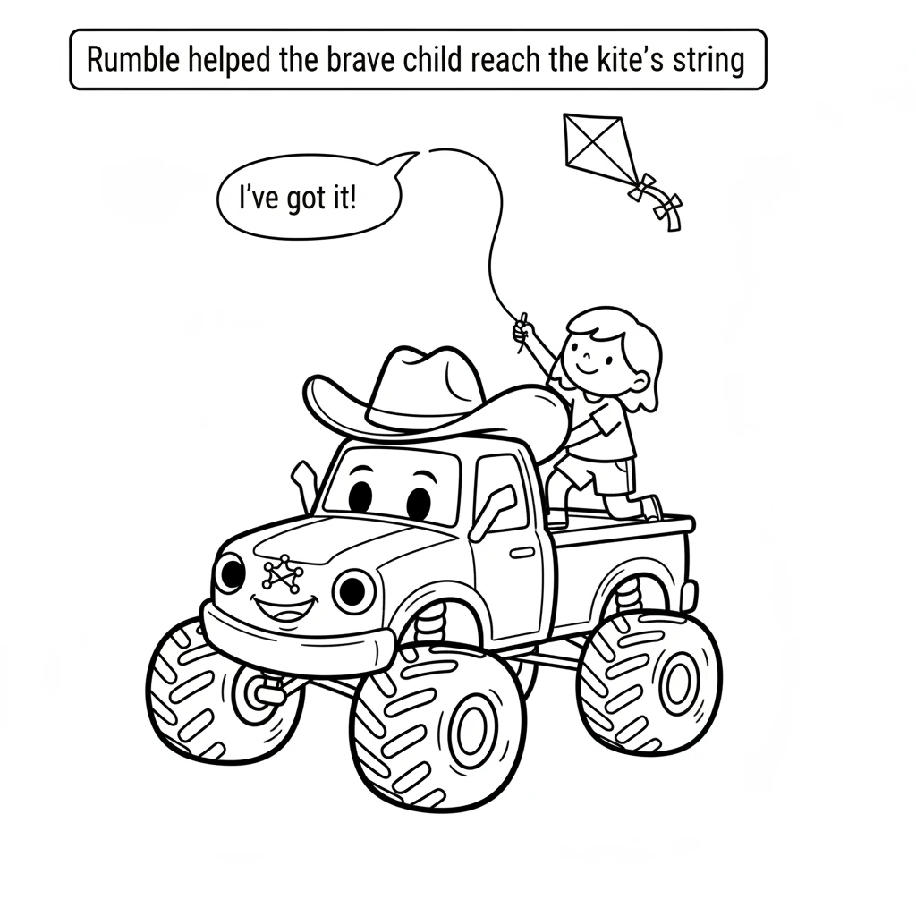 Rumble drove closer, offering his sturdy back as a helpful step. One brave child carefully climbed onto Rumble's flat bed. With a little stretch, they