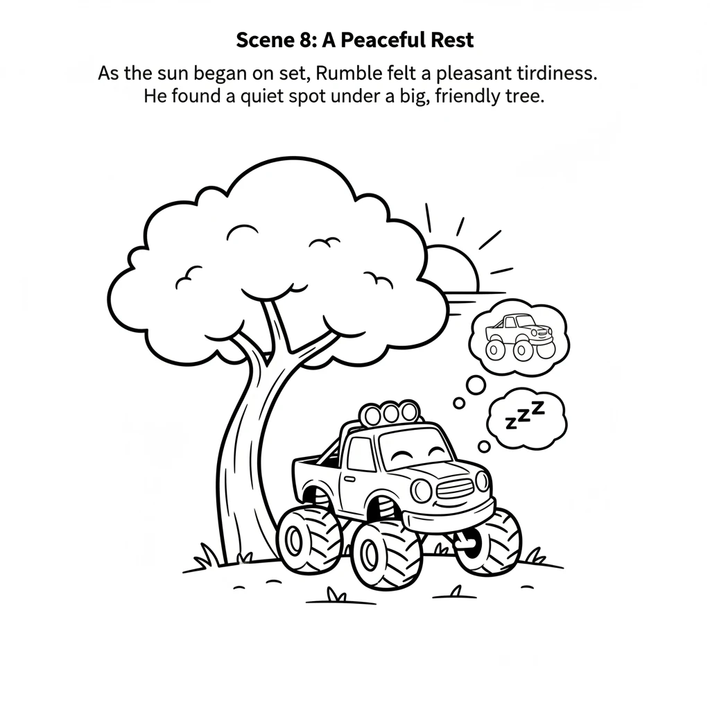 As the sun began to set, Rumble felt a pleasant tiredness after his busy day. He found a quiet, grassy spot under a big, friendly tree. The air was co