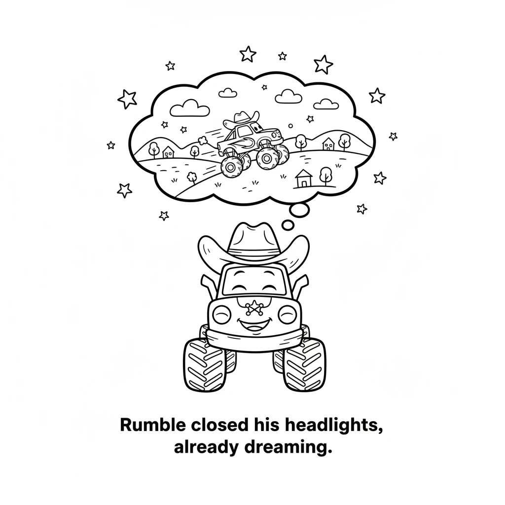 Rumble closed his headlights, already dreaming of new adventures. In his dreams, he zoomed through colorful landscapes, helping everyone he met. Tiny