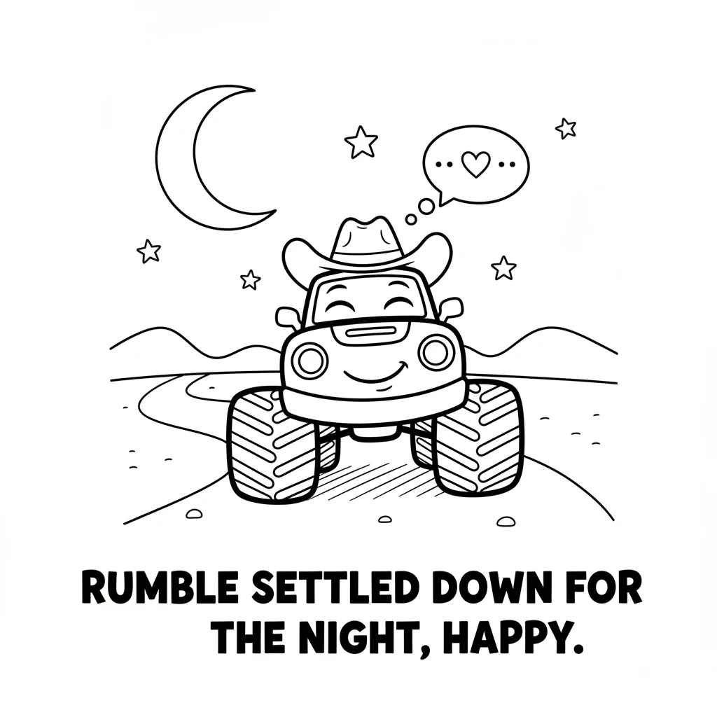 With a soft hum, Rumble settled down for the night, his powerful tires still. He was a happy monster truck, knowing he had made the world a little bri