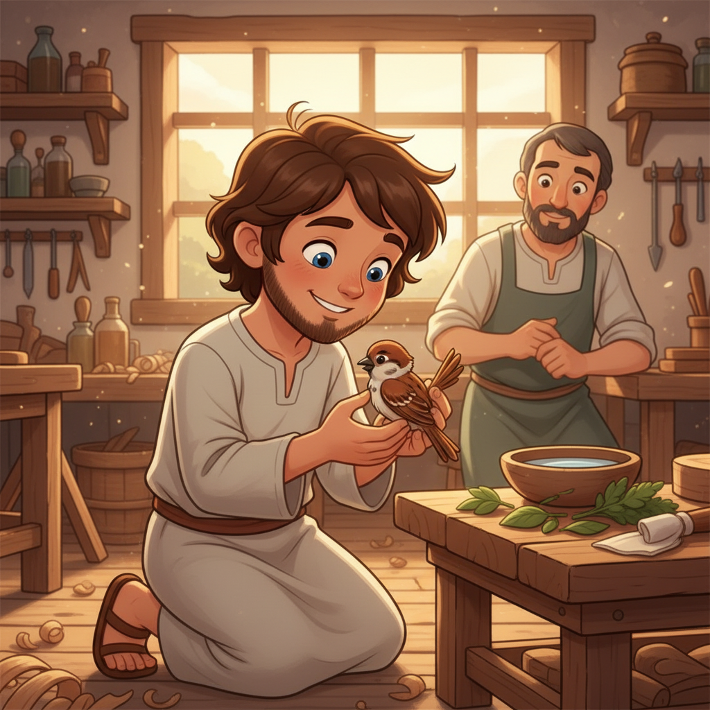 Um dia, enquanto ajudava seu pai, José, na carpintaria, Jesus notou um passarinho com a asa machucada. Com delicadeza, ele o pegou, cuidando da ave ferida com ternura. Jesus usou ervas e água para curar o passarinho, demonstrando a sua compaixão por todas as criaturas de Deus.