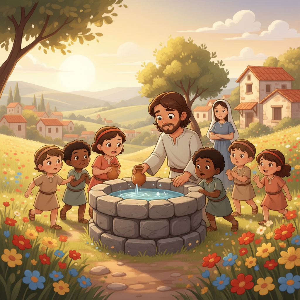 Certa tarde, Jesus e seus amigos estavam brincando perto de um poço. A sede apertava, mas a água estava turva e difícil de alcançar. Jesus, com um simples pedido, fez a água do poço ficar cristalina, para que todos pudessem beber e se refrescar.