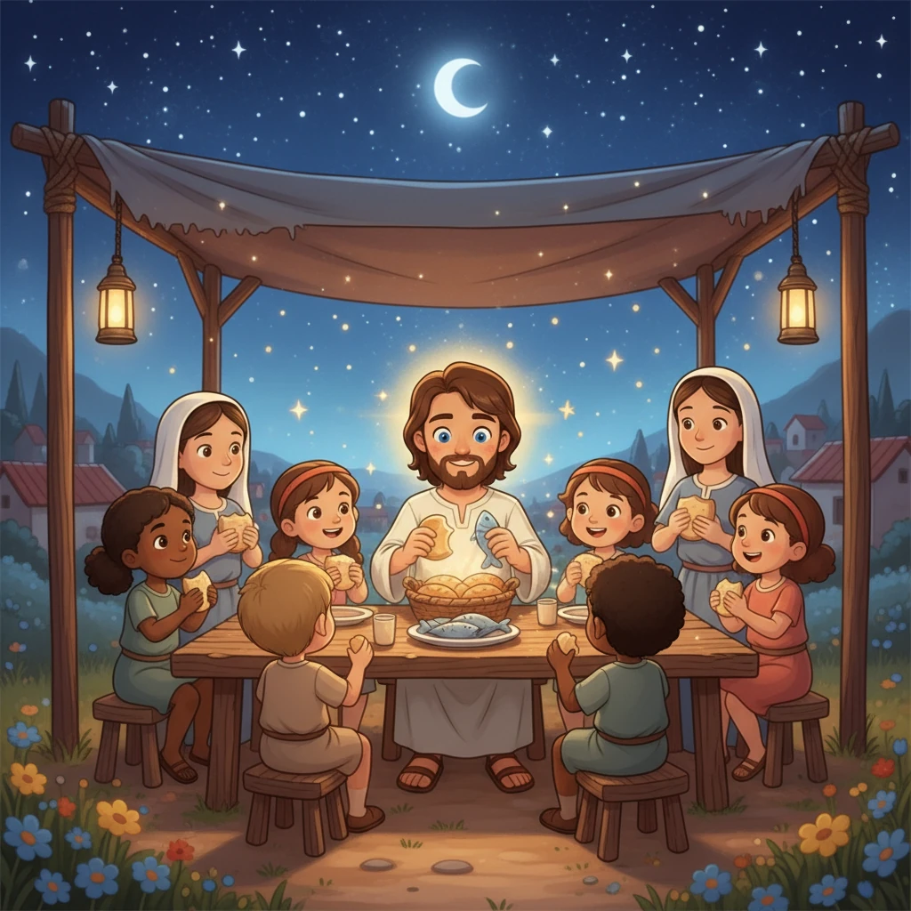 Em uma noite estrelada, Jesus e sua família se reuniram para uma refeição especial. Ele abençoou o pão e o peixe, partilhando-os com todos à mesa. Todos se sentiram nutridos não apenas com a comida, mas também com o amor e a união que Jesus proporcionava.