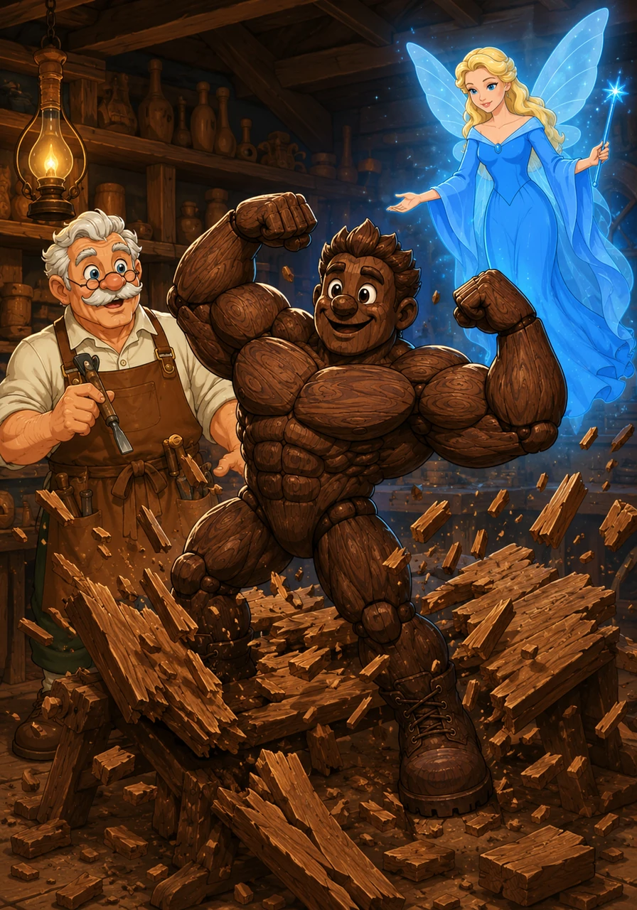 In a cozy workshop filled with the scent of pine, Geppetto carefully carved a puppet from a uniquely dense piece of ironwood. Instead of a slender boy, his chisel shaped a puppet with bulging wooden biceps and a chest as solid as an anvil. When the Blue Fairy brought him to life, Pinobufflo immediately flexed, shattering his workbench with an accidental, enthusiastic fist bump.