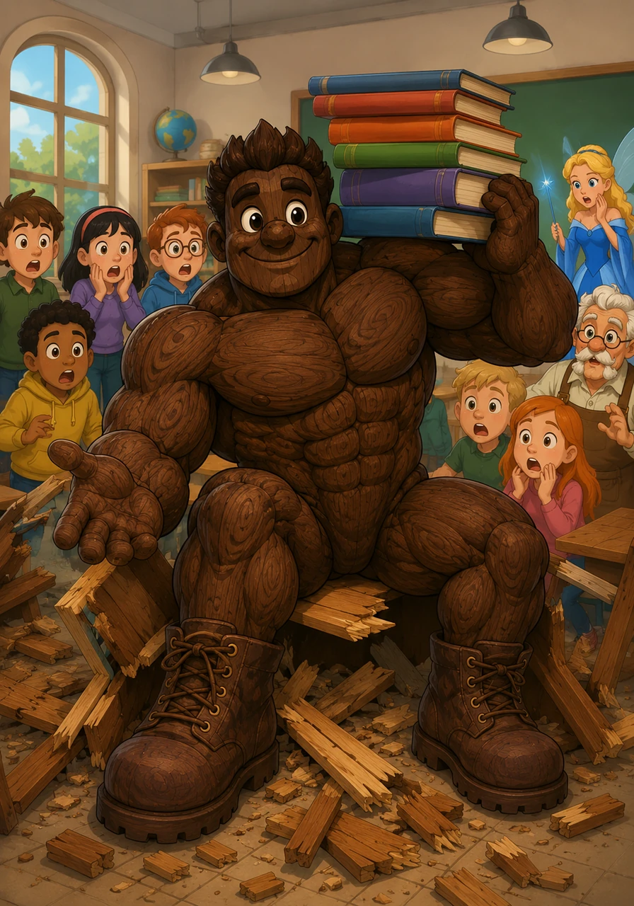 On his first day of school, Pinobufflo tried to fit in, but his sheer mass made it difficult. He accidentally crushed his wooden desk into splinters just by sitting down, drawing gasps from his classmates. Despite his intimidating physique, he offered a warm, gentle smile, offering to carry the entire classroom's heavy textbooks on his broad shoulders.