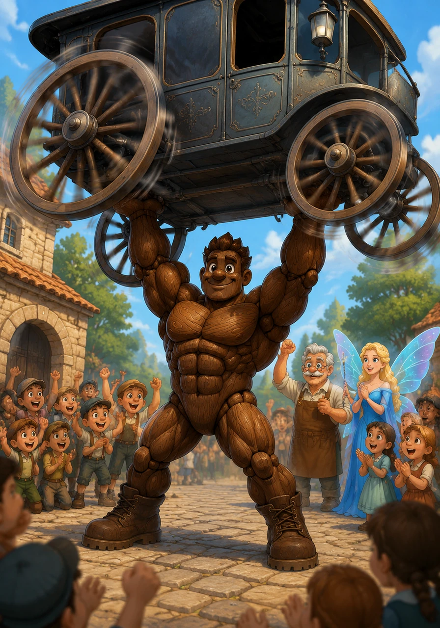 When Pinobufflo finally made it to school the next day, a giant runaway carriage lost its brakes and hurtled toward a group of terrified children. Without a second thought, the wooden powerhouse sprinted forward and dug his boots into the cobblestones. He caught the massive iron carriage with his bare hands, lifting it over his head as the crowd erupted into cheers.