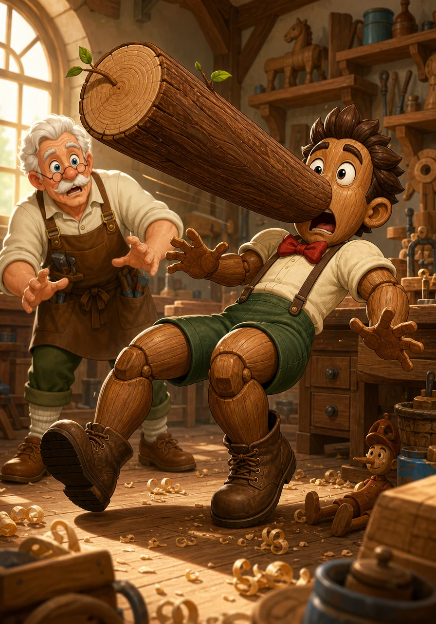 Despite his heroism, Pinobufflo struggled with the pressure of being a perfect boy and told a small lie to Geppetto about where he had been. Instantly, his nose didn't just grow longer; it grew thicker and heavier like a massive tree trunk, throwing off his center of balance. He tipped over backward, realizing that dishonesty was a weight even he couldn't lift.