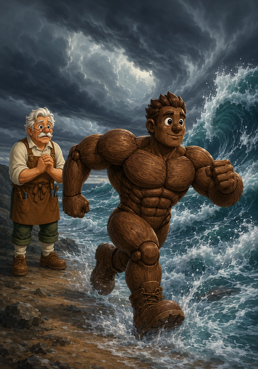 Determined to make amends, Pinobufflo confessed the truth to Geppetto, and his nose instantly shrunk back to its normal size. Before they could celebrate, a massive storm battered the coast, and news arrived that Geppetto's fishing boat had been swallowed by a giant sea monster. Pinobufflo sprinted toward the roaring ocean, ready to put his strength to the ultimate test.