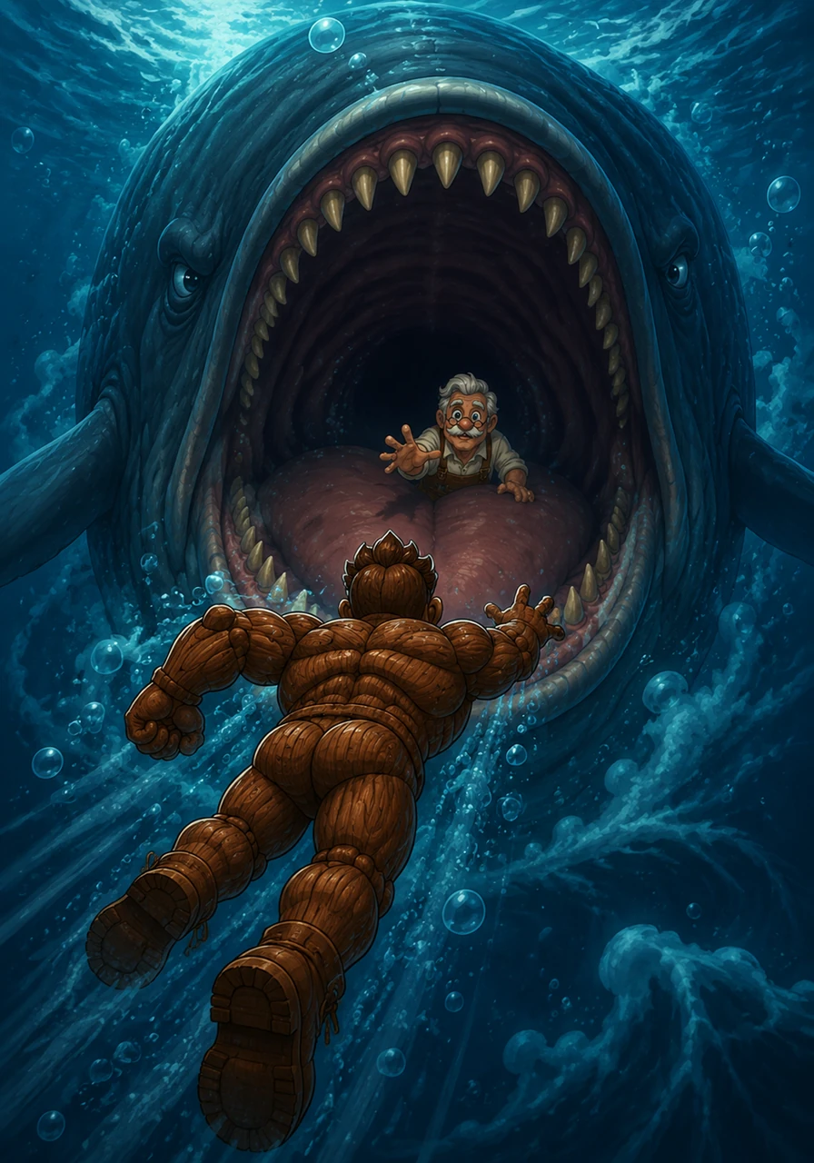 Pinobufflo dove into the churning waves, swimming with powerful strokes that parted the violent sea like a speed boat. He dived deep into the dark water until he saw the towering silhouette of the Monstro whale. With a mighty breath of air, the wooden warrior swam straight into the beast's gaping mouth to find his father.
