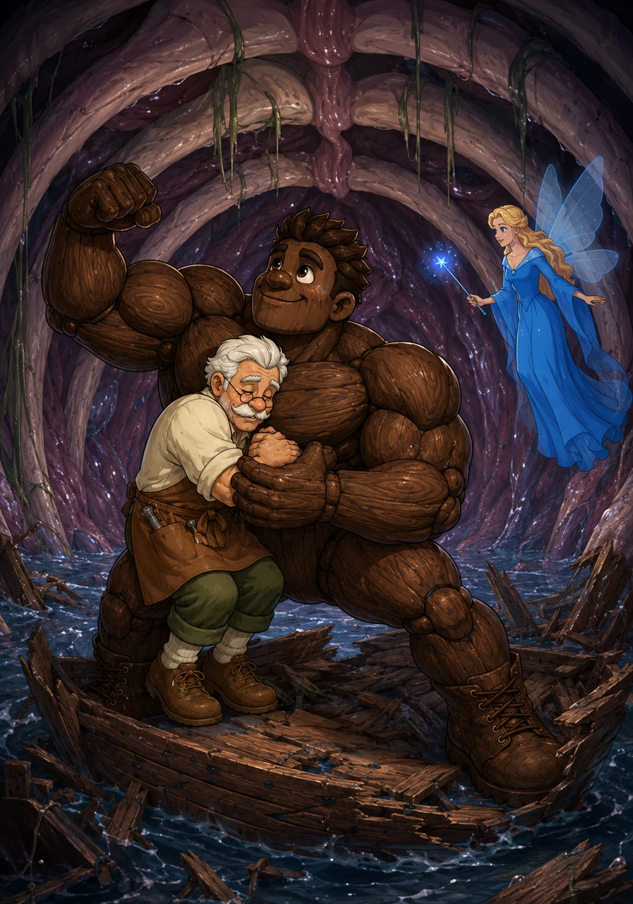 Inside the whale's belly, Pinobufflo found Geppetto trapped on his wrecked boat, shivering and hopeless. The giant puppet hugged his father gently, promising to get them out of there. Looking up at the whale's massive ribs, Pinobufflo braced his feet against the floor and prepared to execute the ultimate deadlift.