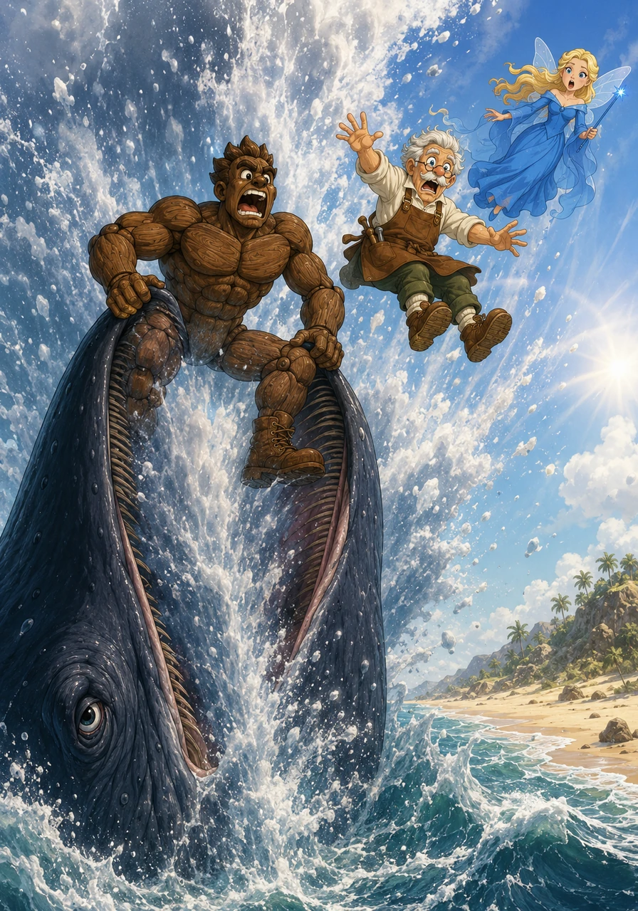 With a roar of pure determination, Pinobufflo pushed against the whale's jaws, prying them open with his incredible wooden strength. The sheer force of his lift forced the monster to sneeze violently, launching the puppet and Geppetto high into the air and safely onto the sandy shore.