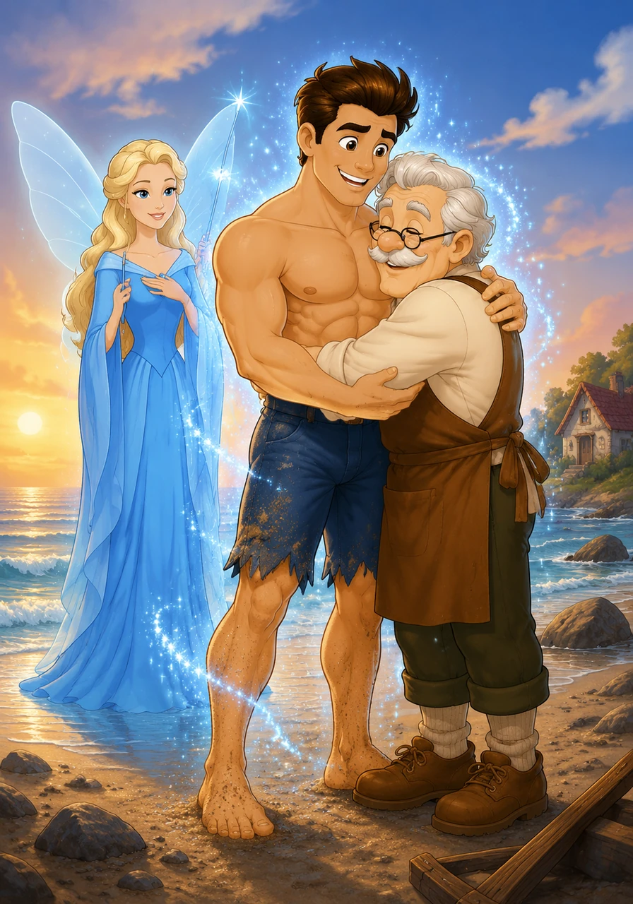 As they washed ashore, the Blue Fairy appeared once more, deeply moved by Pinobufflo's courage, honesty, and protective heart. With a flash of magic, she transformed him into a real, flesh-and-blood boy—who still retained his impressively athletic build. Geppetto hugged his son tightly, proud of the true hero he had become from the inside out.