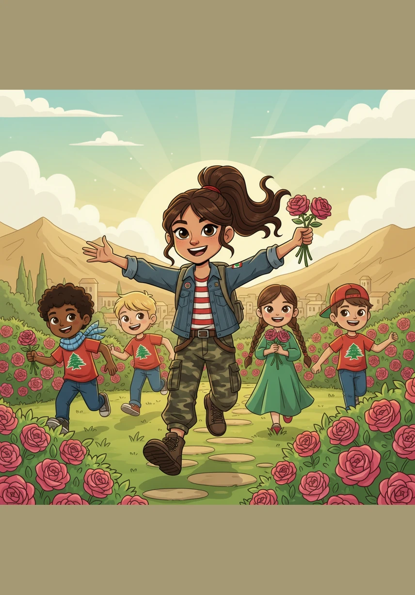 Hawra is a ten-year-old girl with long dark hair who lives in a peaceful village in South Lebanon. She loves to spend her afternoons playing in her lush garden, surrounded by vibrant pink roses and green grass. She and her friends run freely under the warm sun, their laughter filling the air as they pick flowers and enjoy the beauty of their home.