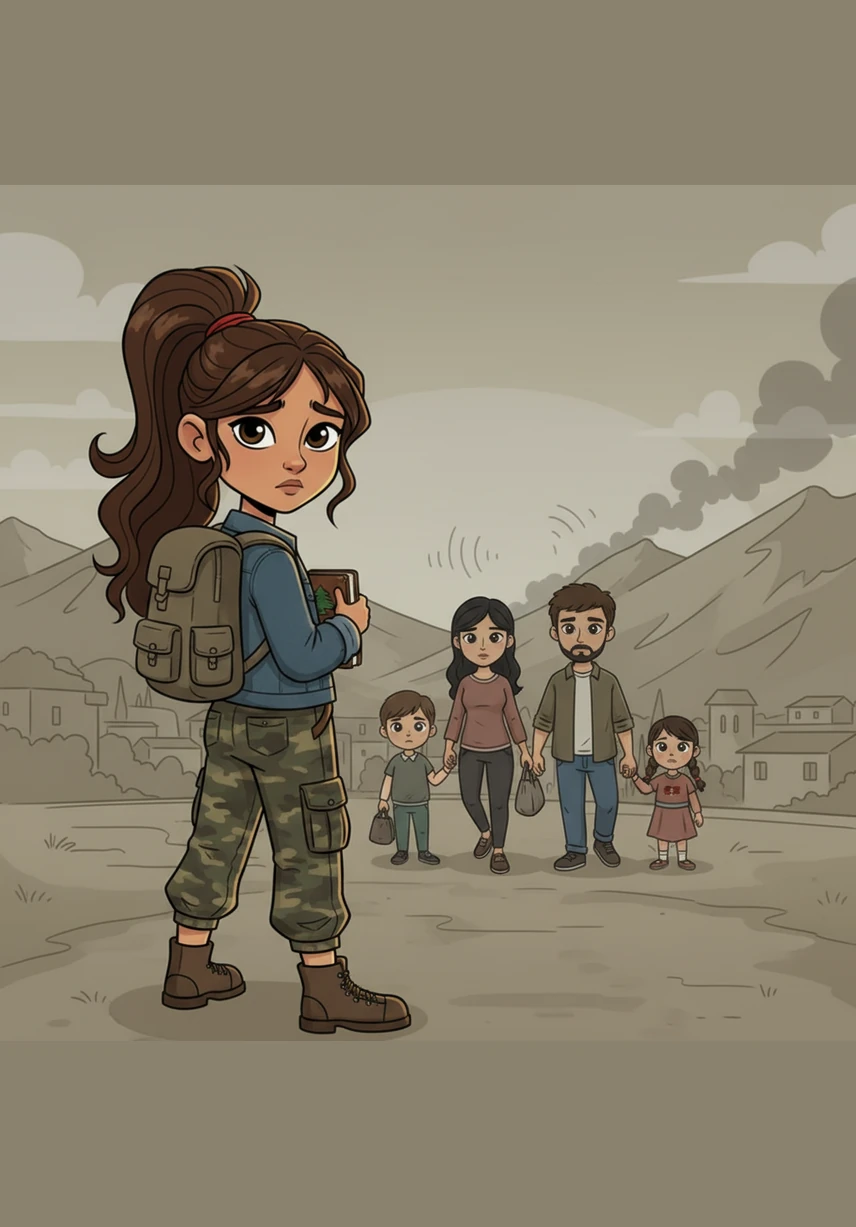 Suddenly, the tranquility of the village is shattered by the distant, echoing sounds of war. Hawra’s family makes the heart-wrenching decision to leave their beloved home and most of their belongings behind to find safety. As they walk away, Hawra looks back at the rolling hills of her village with a sad expression, clutching a small book tightly to her chest.