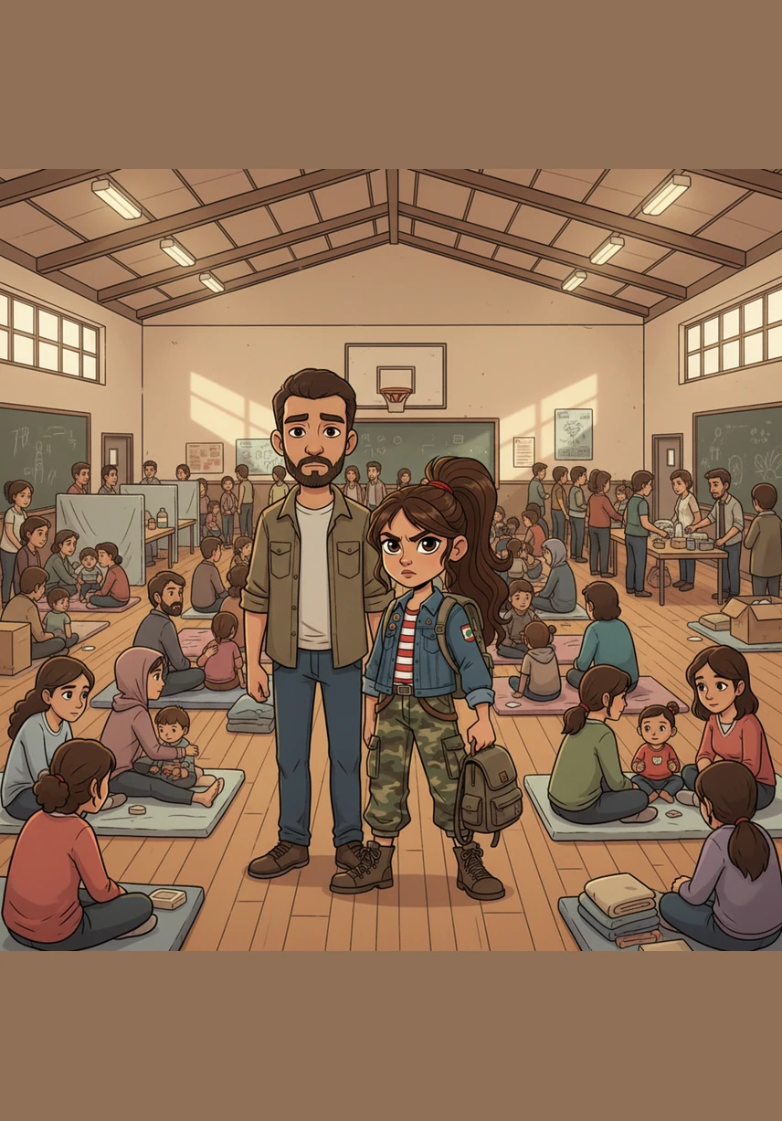 The family arrives at a local school that has been converted into a crowded shelter for displaced people. Hawra stands in the busy hallway, looking wide-eyed and anxious at the unfamiliar faces and the stacks of belongings lining the walls. The school feels very different from the peaceful garden she left behind, and a heavy sense of worry fills her heart.