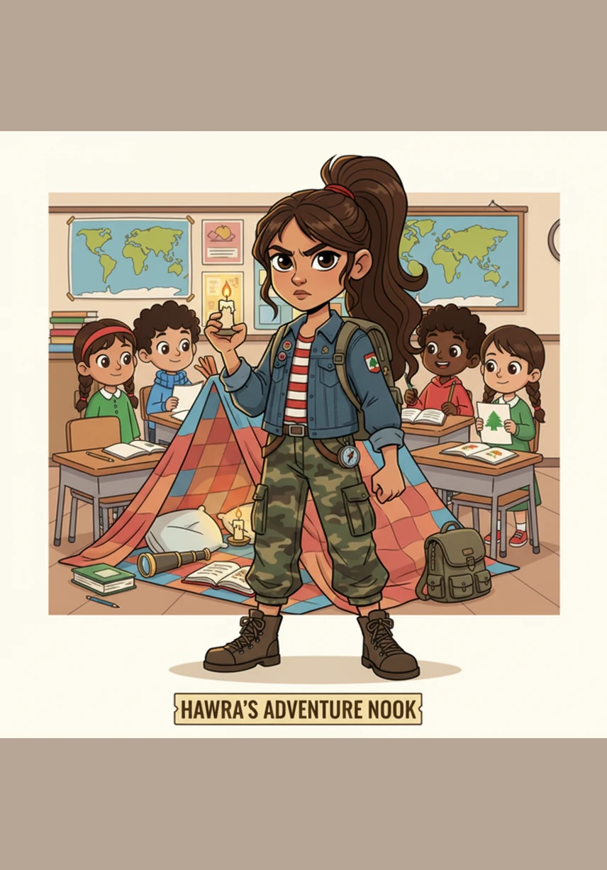 To make the new environment feel more comfortable, Hawra carefully organizes a small corner in one of the classrooms for herself. She places a soft floral pillow and a few colorful picture books she managed to bring on the floor. This tiny sanctuary becomes her safe space, illuminated by the soft light coming through the classroom window.