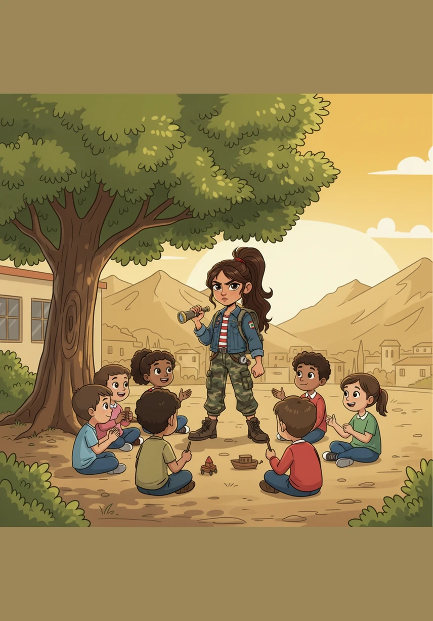 Remembering her scout training about the importance of helping others, Hawra decides to overcome her shyness. She walks into the school courtyard and bravely introduces herself to a group of children sitting in the shade of a large tree. Soon, they are all sitting in a circle, sharing stories and playing games that help them forget their fears for a while.