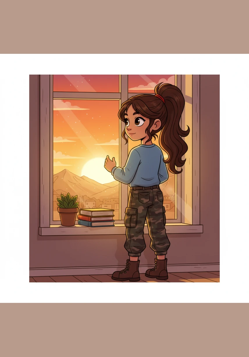 As the sun sets in a warm orange glow over the horizon, Hawra stands by the window with a look of quiet strength and maturity. She prays for the safety of her country and her loved ones, feeling a deep sense of hope in her heart. She knows that even though things are hard now, her resilience and the friendships she made will guide her back home.