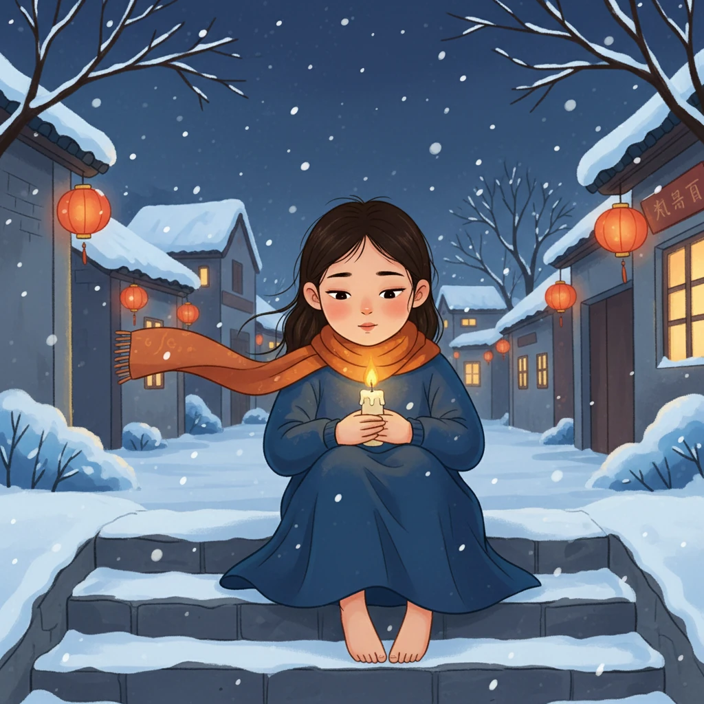 艾丽莎,一个卖火柴的小女孩,独自坐在被雪覆盖的石阶上。她穿着深蓝色的连衣裙,橙色的围巾在寒风中轻轻飘动,赤脚蜷缩着,双手紧紧地抱着一支燃烧的蜡烛。蜡烛发出的光芒,照亮了她宁静而略带忧伤的脸庞,在寒冷的冬夜里显得格外温暖。
