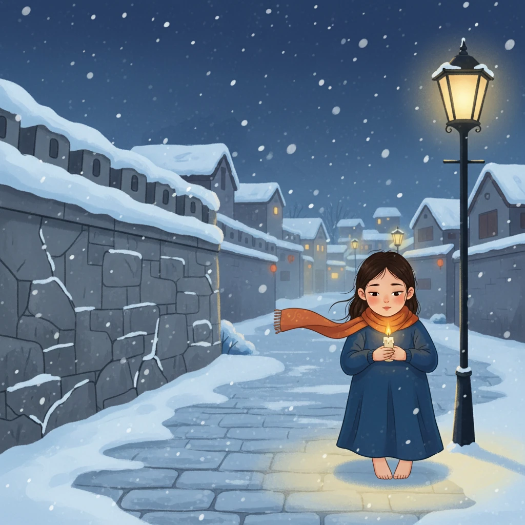 左侧,古老的石墙上覆盖着厚厚的积雪,仿佛诉说着岁月的沧桑。右侧,一盏黑色的街灯静静地伫立着,散发着柔和的黄色光芒,与艾丽莎手中的烛光交相辉映。远处,模糊的老城区建筑隐约可见,笼罩在朦胧的光辉中。