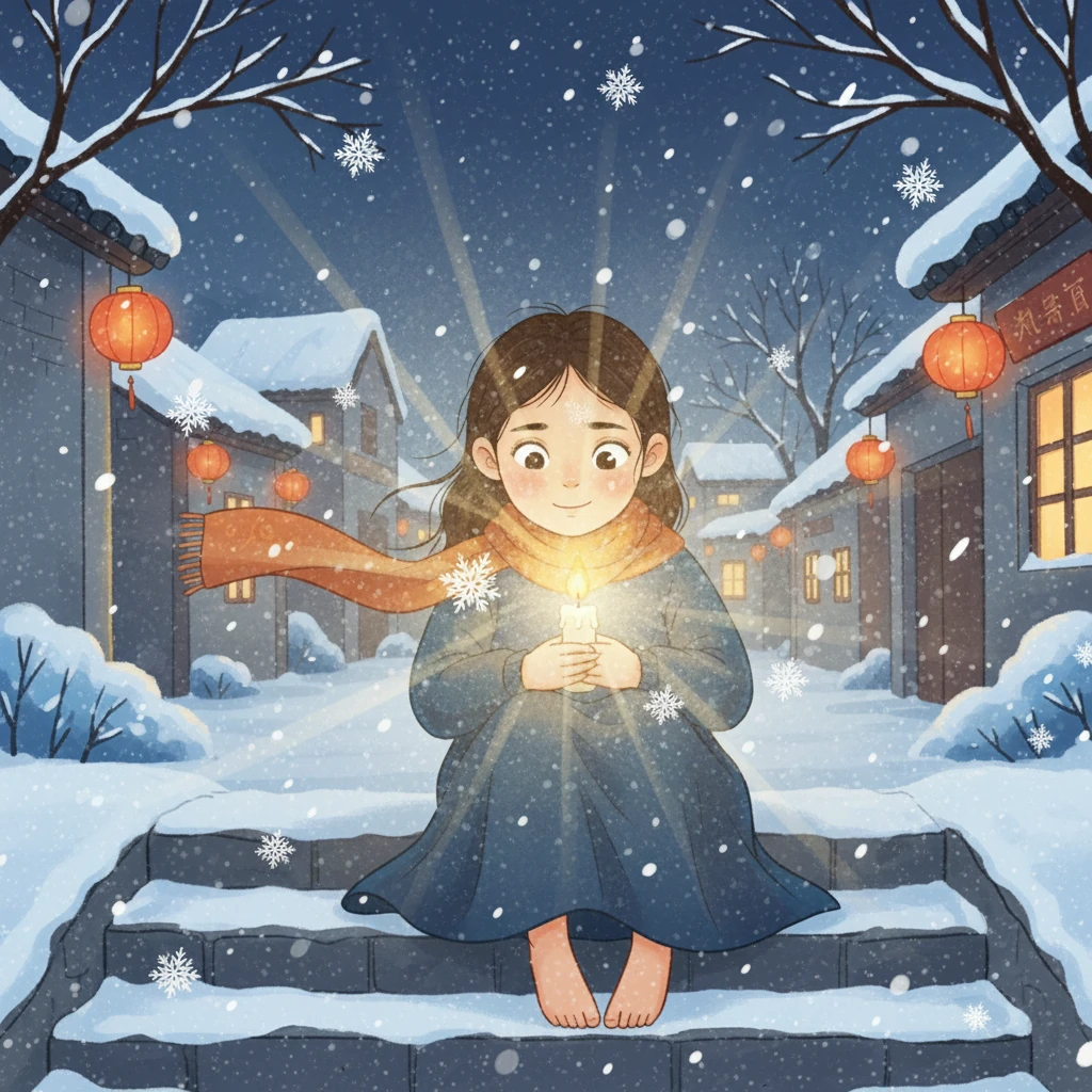她凝视着手中的蜡烛,蜡烛的光芒变得越来越亮,似乎驱散了她内心的寒冷。她仿佛看到了希望,看到了温暖。雪花轻轻地飘落在她的肩头,仿佛是冬日的精灵,轻轻地拥抱着她。