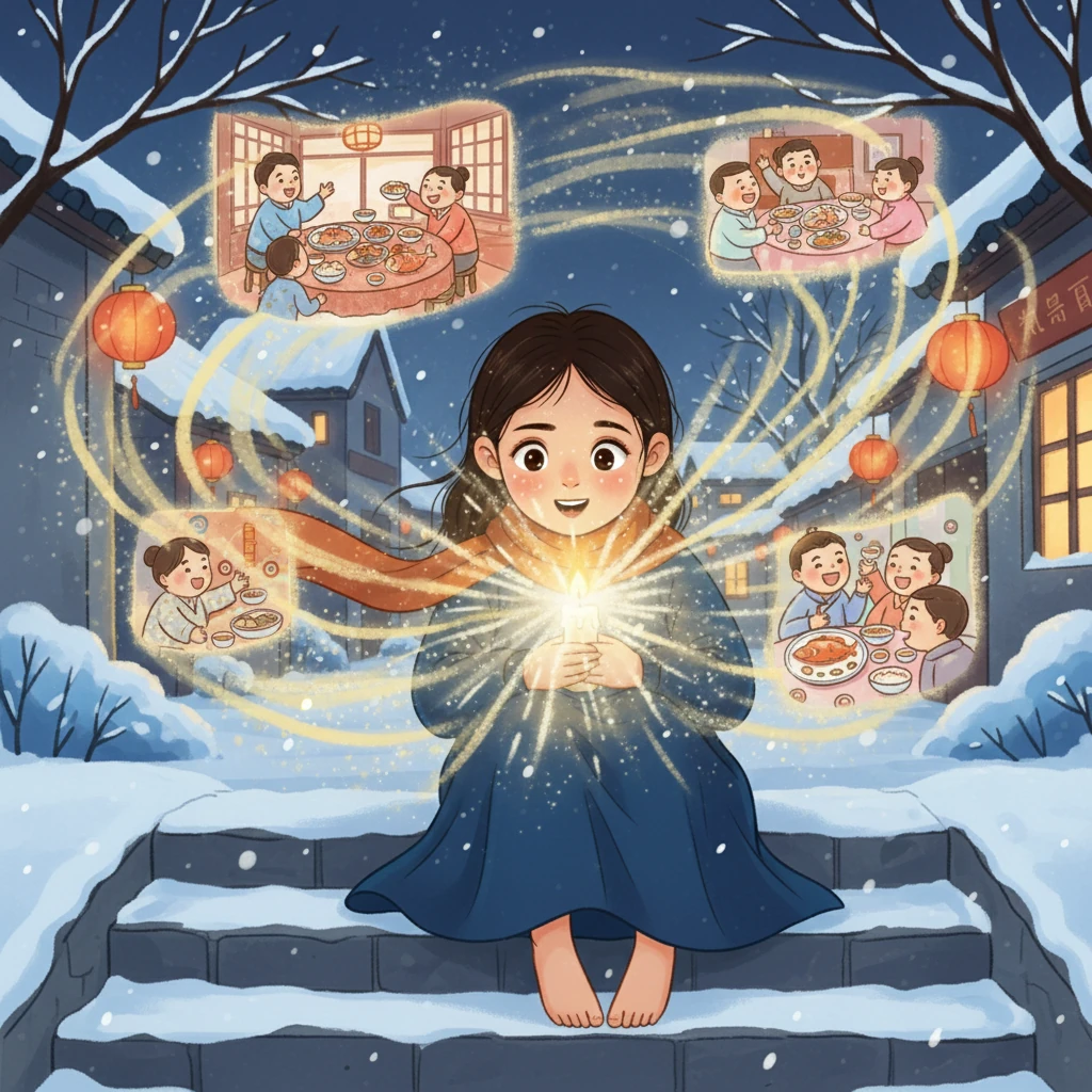 突然,烛光变得更加耀眼,艾丽莎的眼神也变得更加明亮。她看到了幻象,看到了温暖的房间,看到了丰盛的晚餐,看到了亲切的人们。这些幻象仿佛是她对未来的美好憧憬。