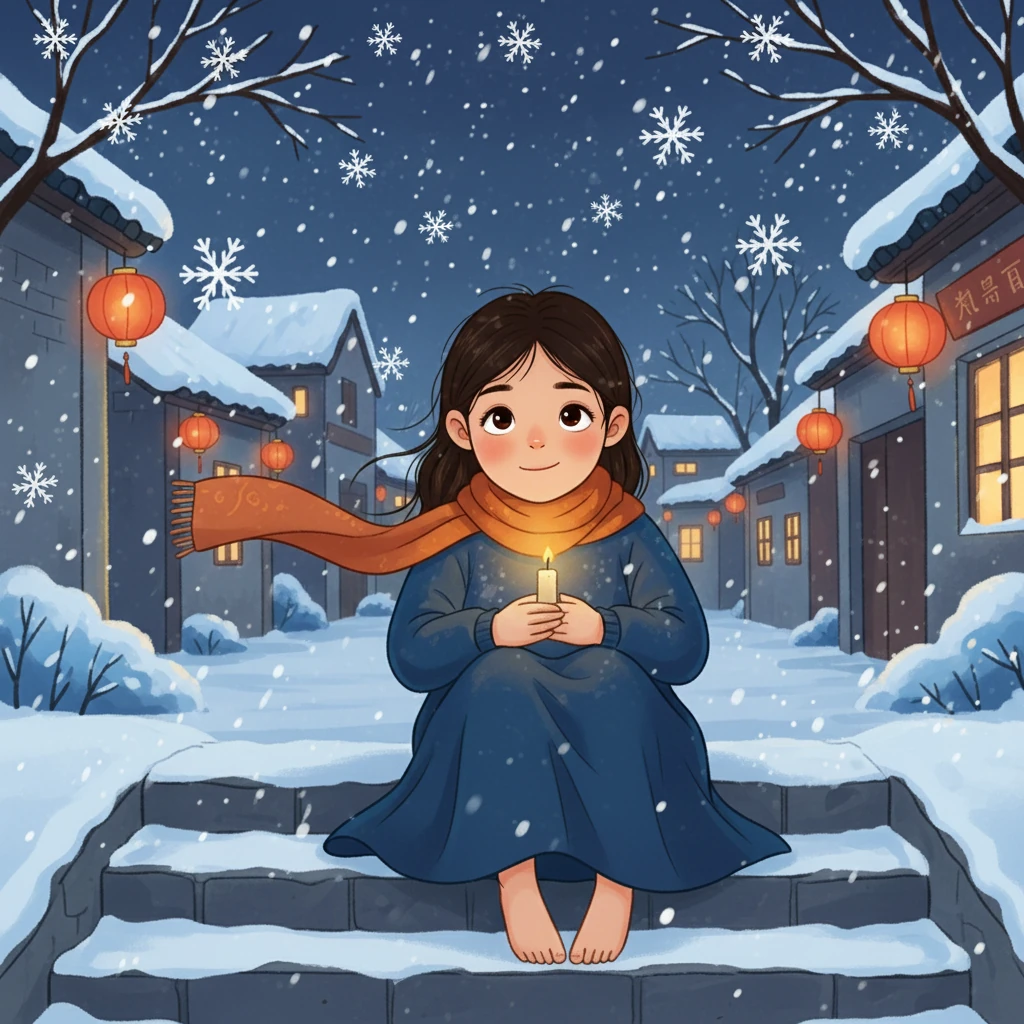 最终,蜡烛燃尽,但艾丽莎的脸上却带着一丝微笑。虽然寒冷依旧,但她的心中却充满了希望。她抬头仰望天空,看着纷纷扬扬的雪花,仿佛在对未来许下美好的祝愿。一个夜晚结束了,但希望的火种却在心中延续。