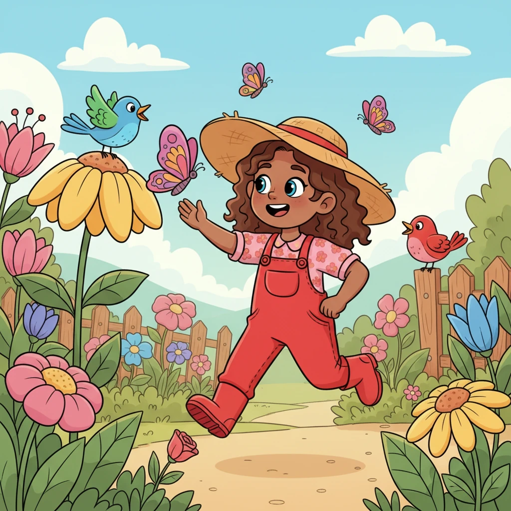 Lily, a joyful girl with bright red overalls and a wide-brimmed hat, skipped through her grandmother's garden. Butterflies fluttered around her, and colorful birds sang sweet melodies. She loved the sunshine and the smell of blooming flowers, but today she longed for something new and exciting to discover.