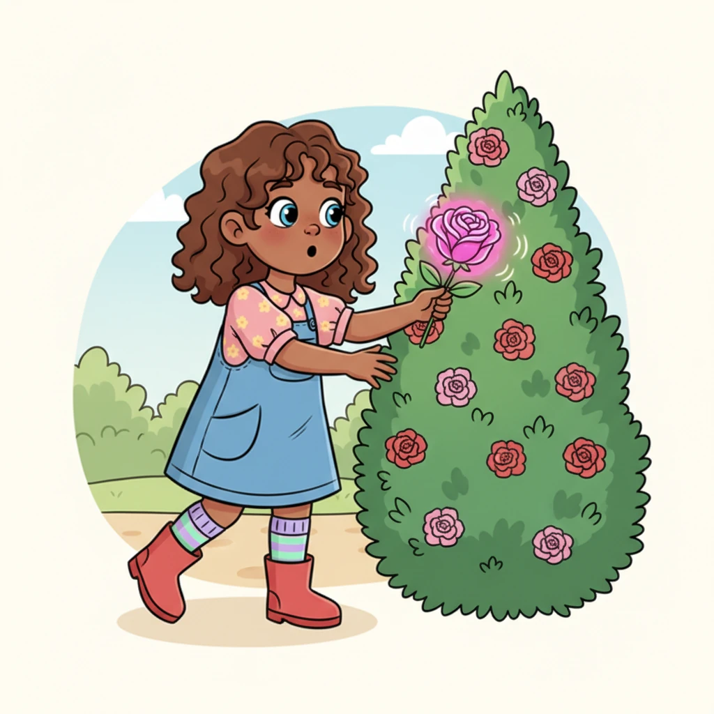 As she rounded a large bush, a single rose caught her eye. It was unlike any other, with petals that shimmered with an impossible, soft glow, radiating warmth. Its color was a magnificent blend of pinks and purples, and it seemed to hum with a gentle energy.