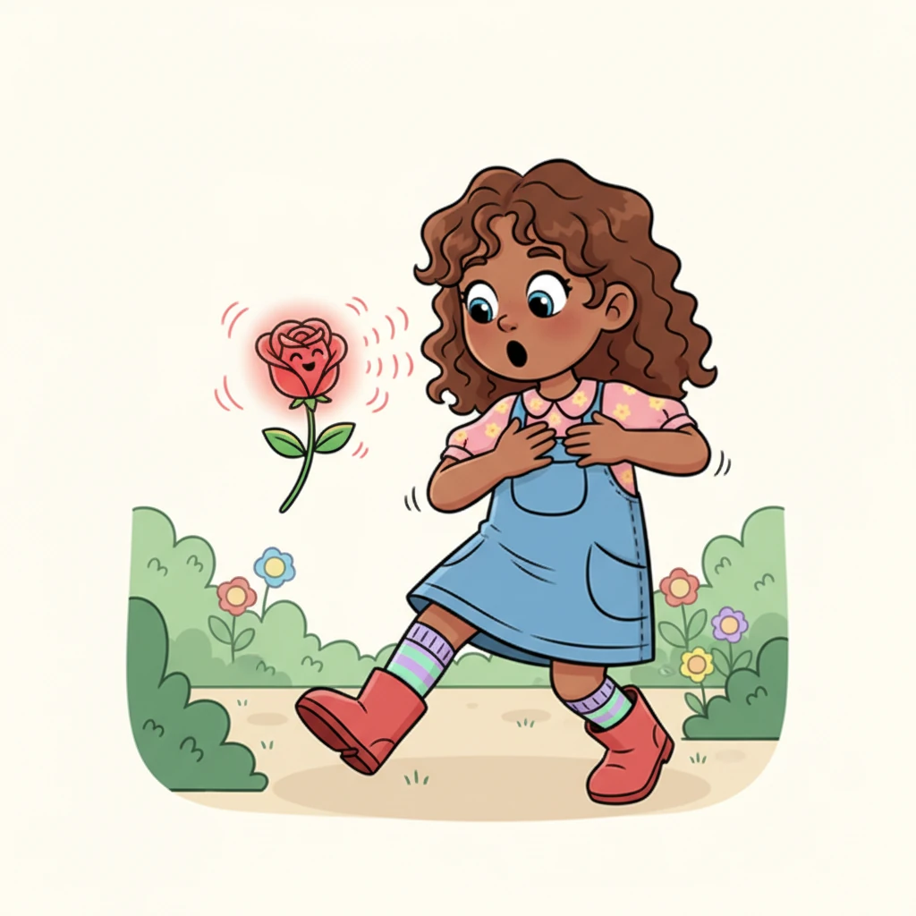 Curiosity bubbling, Lily leaned closer, her eyes wide with wonder. She gently reached out a finger to touch a velvety petal. To her utter astonishment, the rose quivered, and a tiny, melodious voice whispered, "Hello there, little one!" Lily gasped, nearly falling over in surprise.