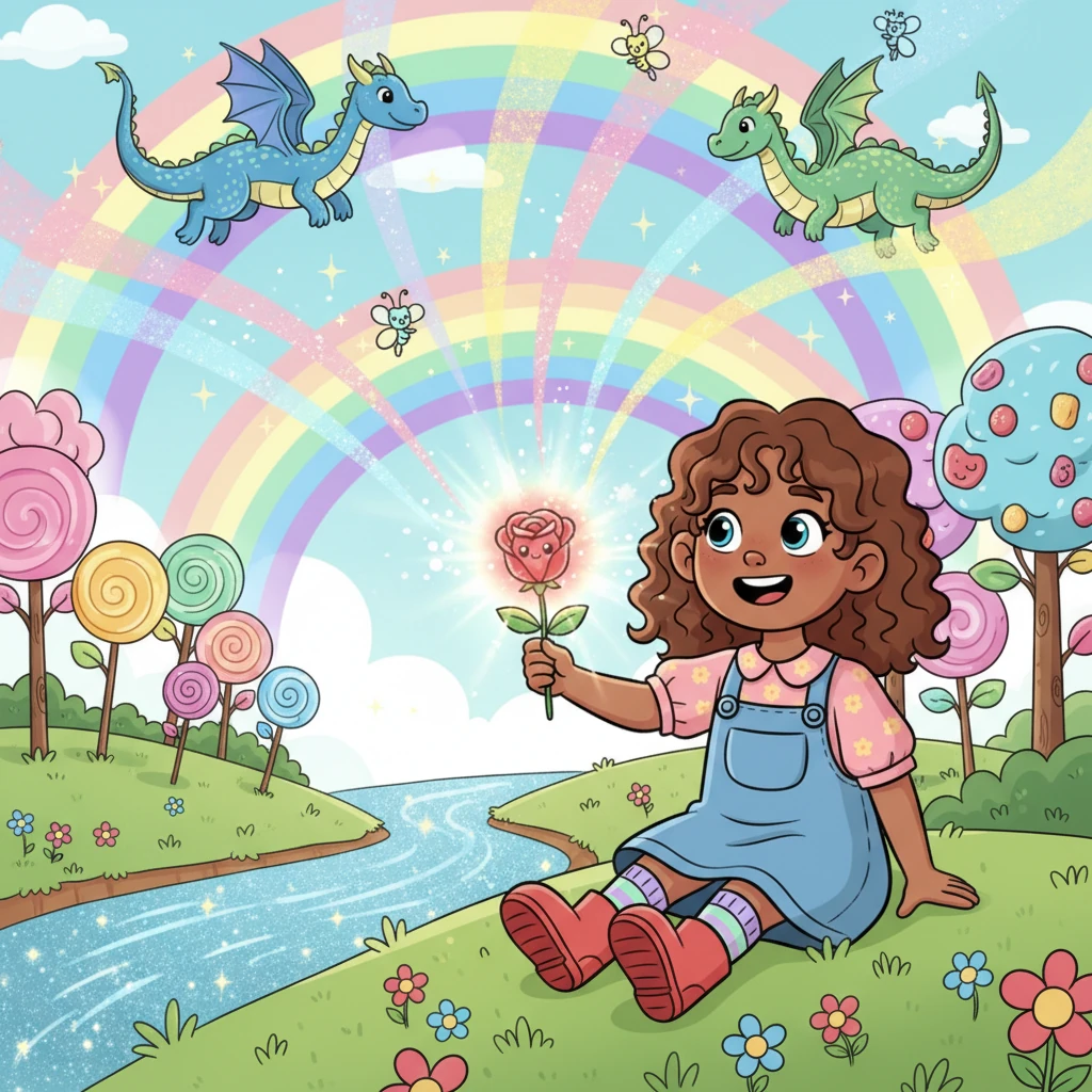 Rosalind’s petals glowed brighter as she described the magical world: skies painted with rainbows, rivers that sparkled like starlight, and creatures that danced in harmony. Lily imagined whimsical trees with candy fruit and friendly dragons soaring overhead. It sounded like the most wonderful place imaginable.